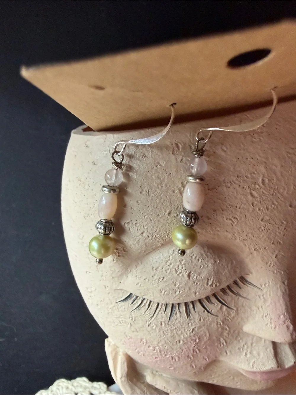 Handcrafted Green Pearl, rose quartz and pink opal Beaded Drop Earrings